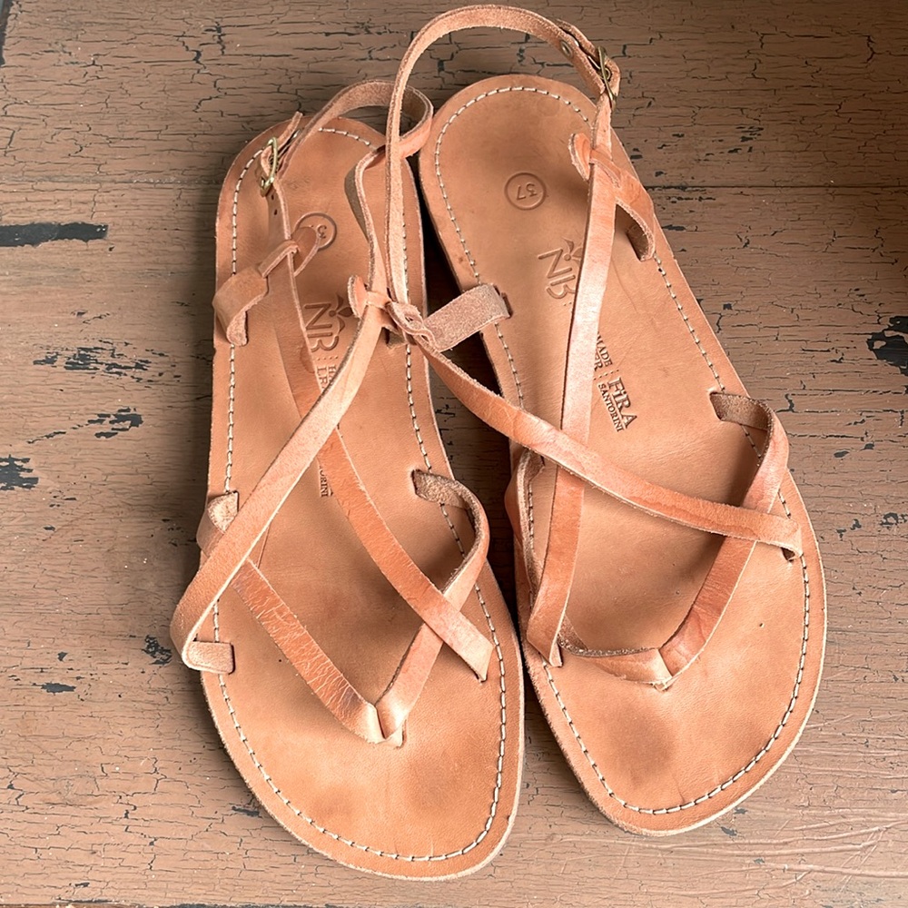 Handmade Leather Sandals Strappy Flat Tan Size 37 Women’s Greece